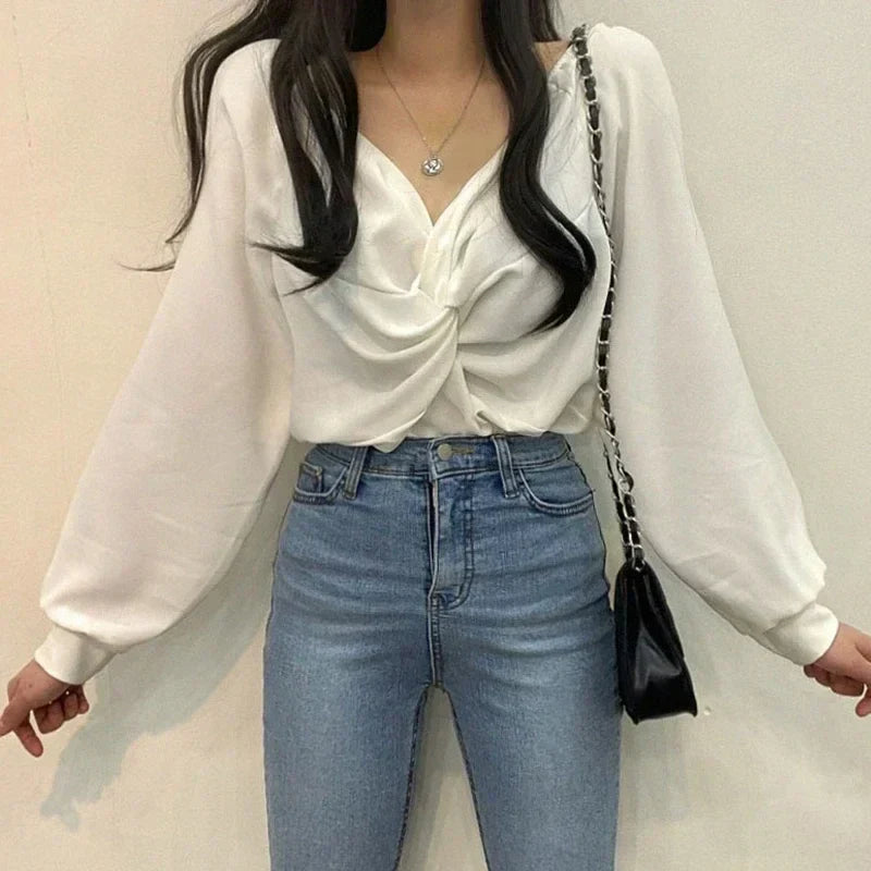 V-neck Twisted Lantern Sleeve Solid Casual Blouse