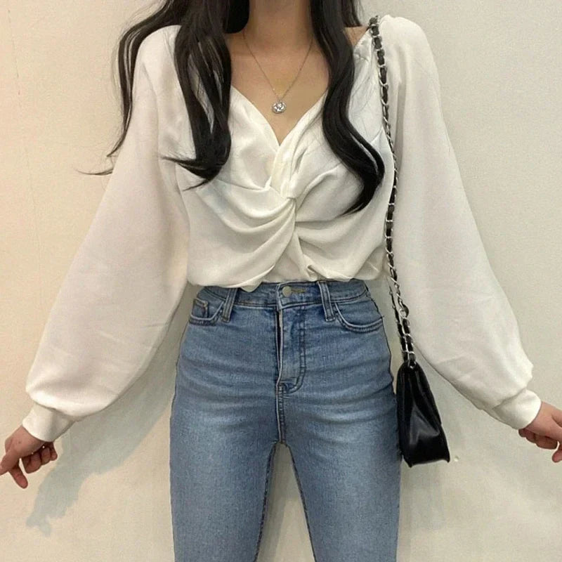 V-neck Twisted Lantern Sleeve Solid Casual Blouse