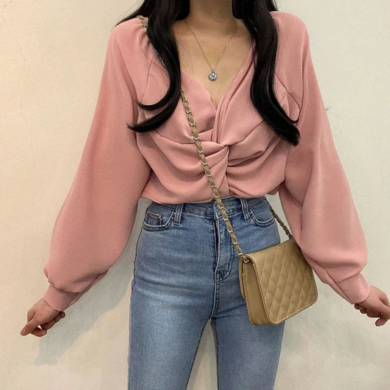 V-neck Twisted Lantern Sleeve Solid Casual Blouse