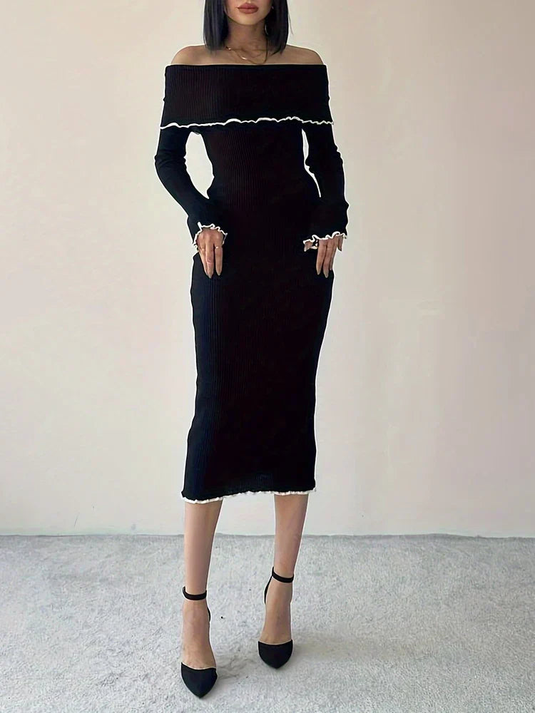 Off Shoulder Long Sleeve Ruffle Foldover Maxi Dress