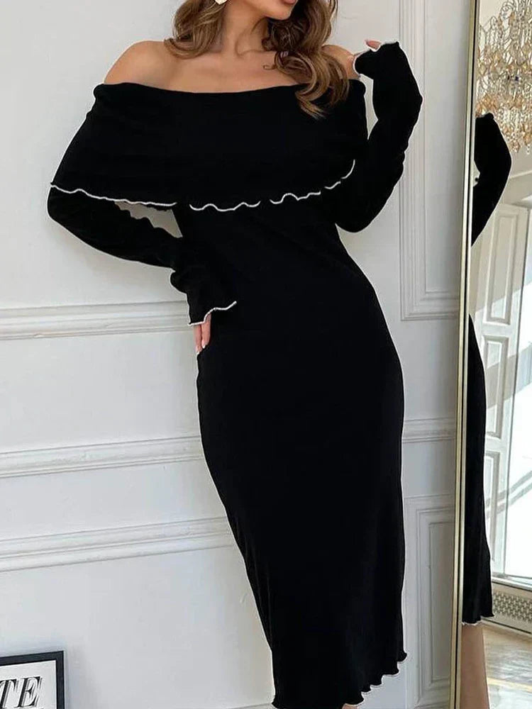 Off Shoulder Long Sleeve Ruffle Foldover Maxi Dress