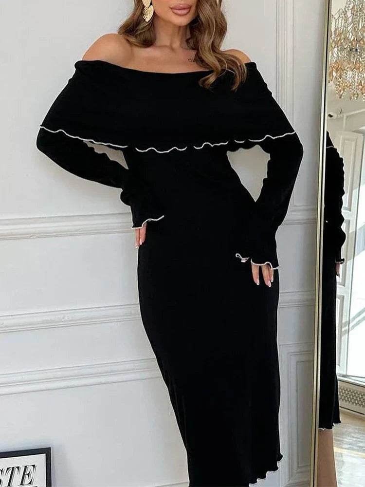 Off Shoulder Long Sleeve Ruffle Foldover Maxi Dress