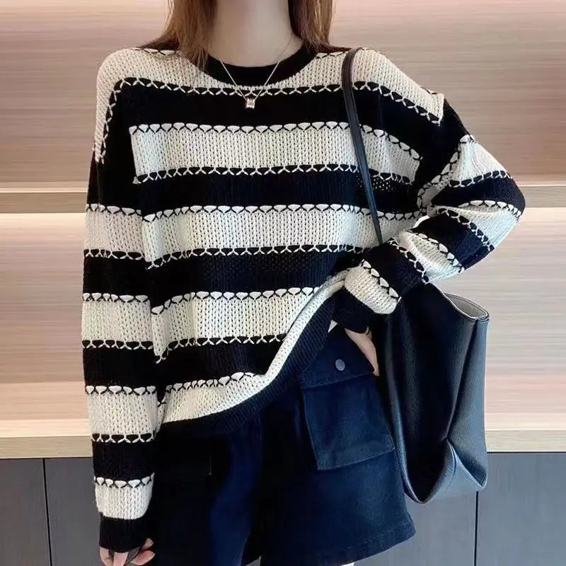 Striped Patchwork Round Neck Korean All - match Sweater 3