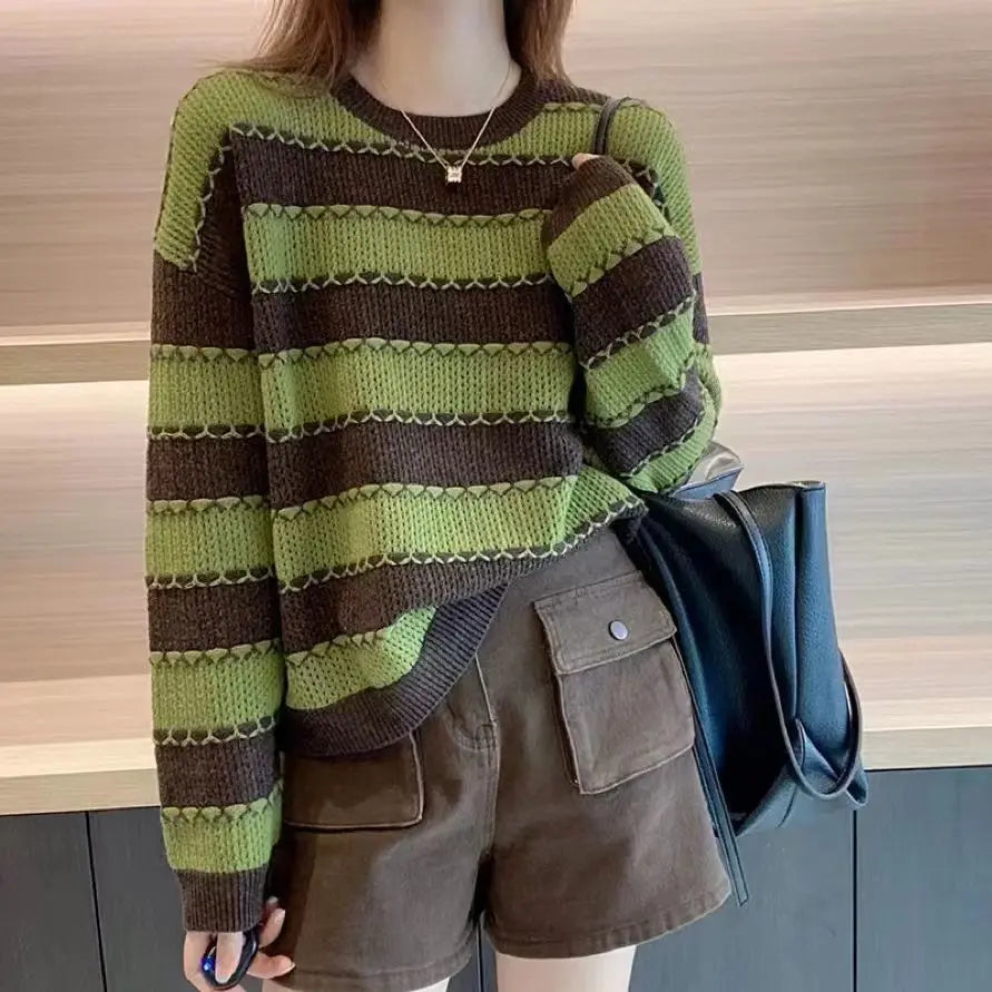 Striped Patchwork Round Neck Korean All - match Sweater 2