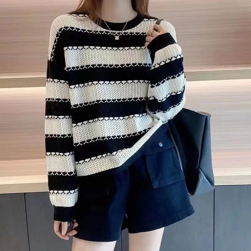 Striped Patchwork Round Neck Korean All - match Sweater 4