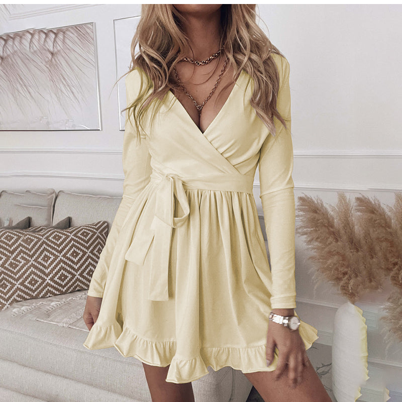 Surplice V-Neck Long-Sleeve Tie-Waist Ruffle-Hem Mini Dress