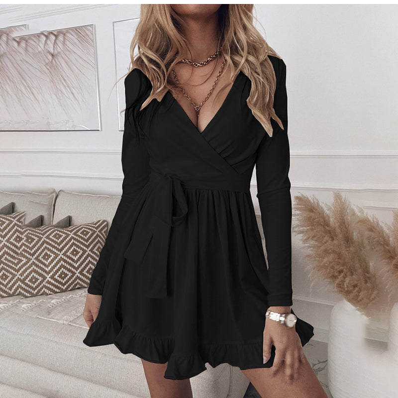 Surplice V-Neck Long-Sleeve Tie-Waist Ruffle-Hem Mini Dress 5