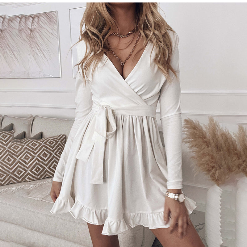 Surplice V-Neck Long-Sleeve Tie-Waist Ruffle-Hem Mini Dress 4