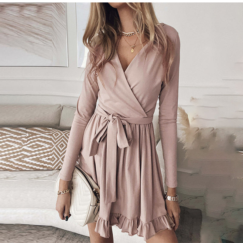 Surplice V-Neck Long-Sleeve Tie-Waist Ruffle-Hem Mini Dress 2