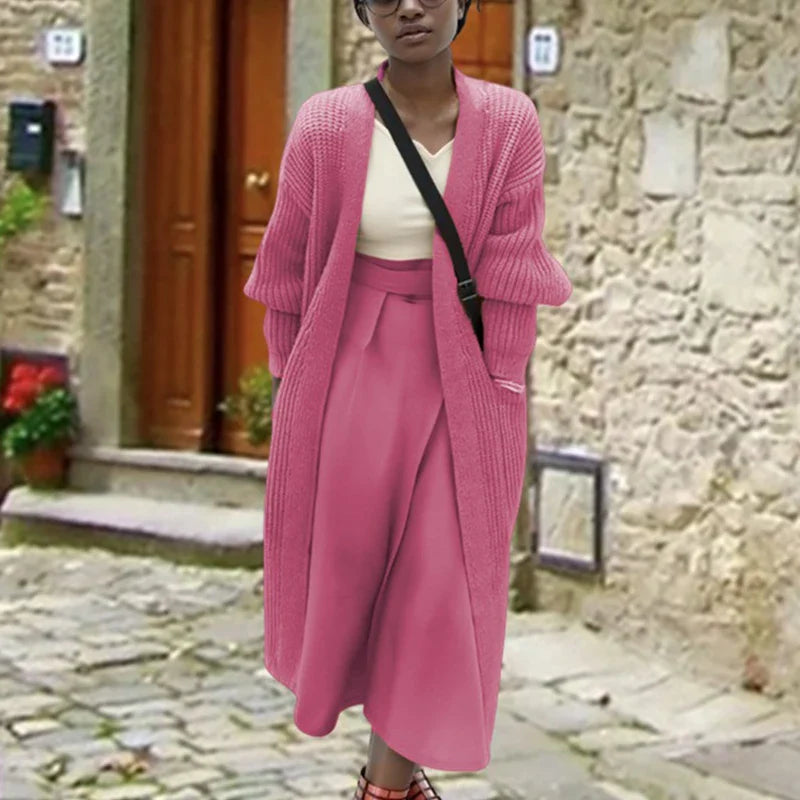 Solid Rib Knitting V-neck Casual Long Sleeve Pocket Warm Autumn Winter Coats - Fashionpara