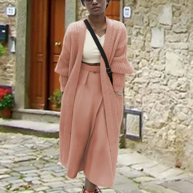 Solid Rib Knitting V-neck Casual Long Sleeve Pocket Warm Autumn Winter Coats - Fashionpara