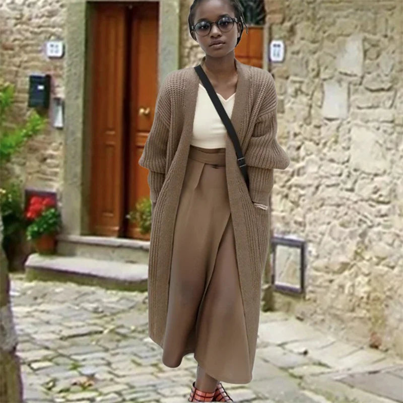 Solid Rib Knitting V-neck Casual Long Sleeve Pocket Warm Autumn Winter Coats - Fashionpara