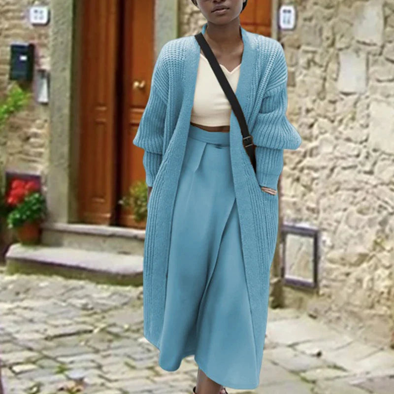 Solid Rib Knitting V-neck Casual Long Sleeve Pocket Warm Autumn Winter Coats - Fashionpara