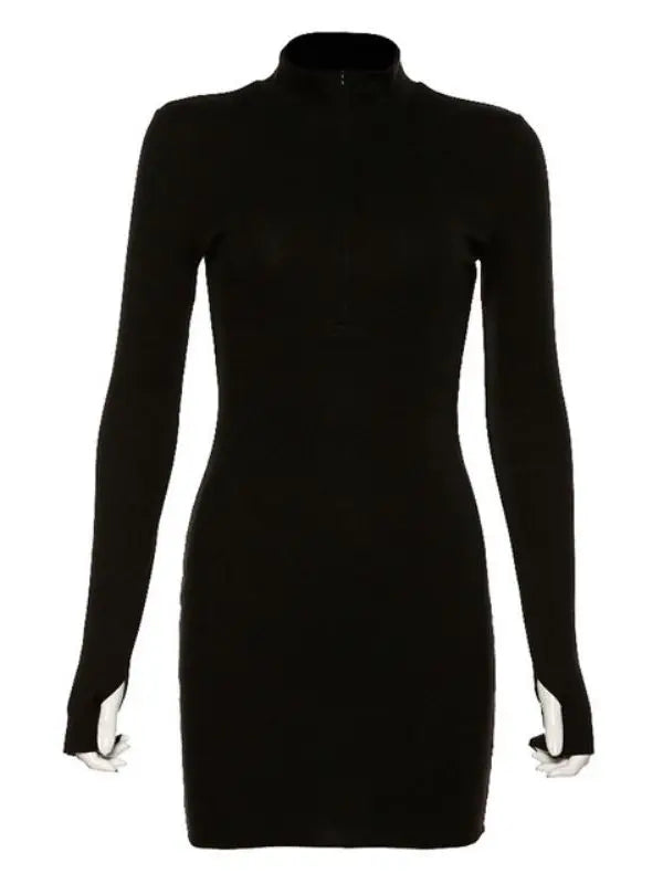 Ribbed Knit Zip Mock Neck Long Sleeve Bodycon Mini Dress 7