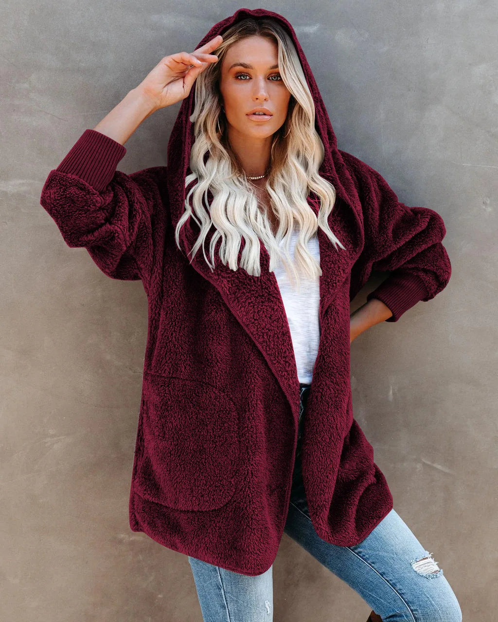 Warm Faux Plush Puffy Plush Hooded Casual Soft Fleece Autumn Winter Coats - Fashionpara