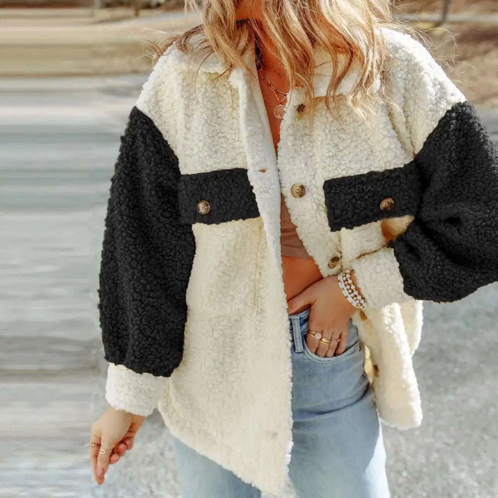 Lapel Pockets Long Sleeve Single Breasted Color Block Furry Autumn Winter Coats - Fashionpara