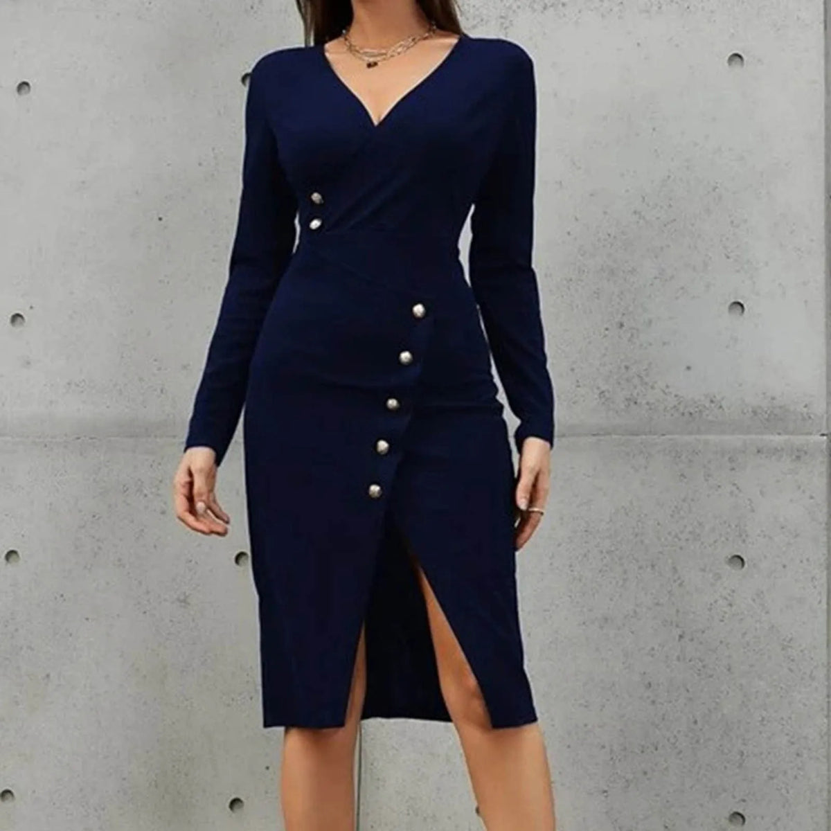 V-Neck Long Sleeve Button Wrap Slit Bodycon Midi Dress