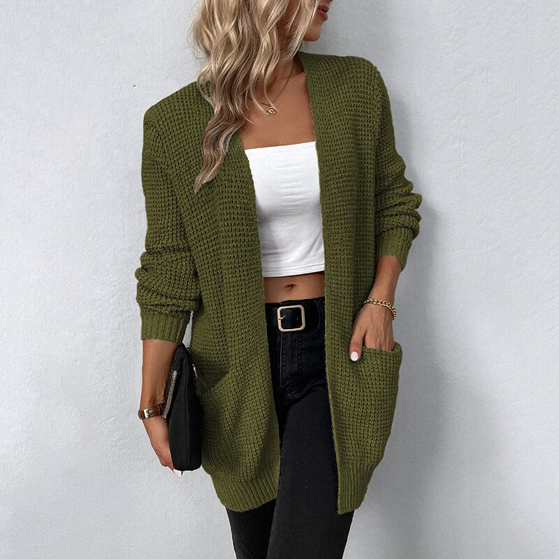 Sweater V-Neck Loose Fit Pockets Long Cardigan 6