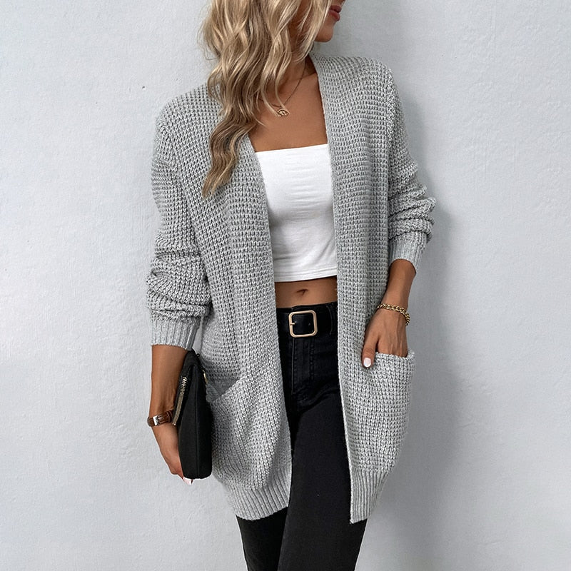 Sweater V-Neck Loose Fit Pockets Long Cardigan 8