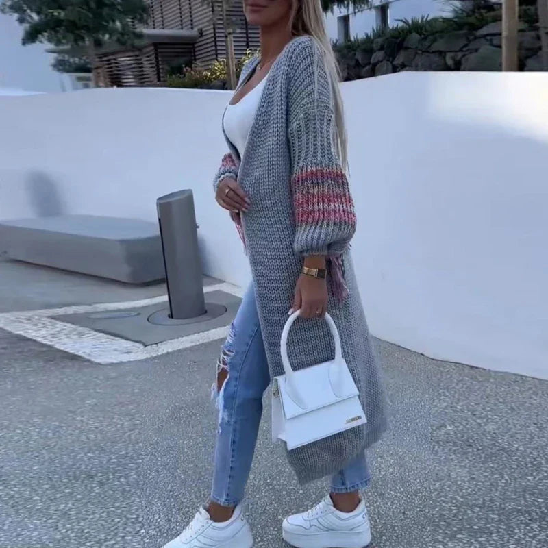 Patchwork Tassel Fashion V-neck Rib Knitted Printed Lantern Long Autumn Winter Coats - Fashionpara