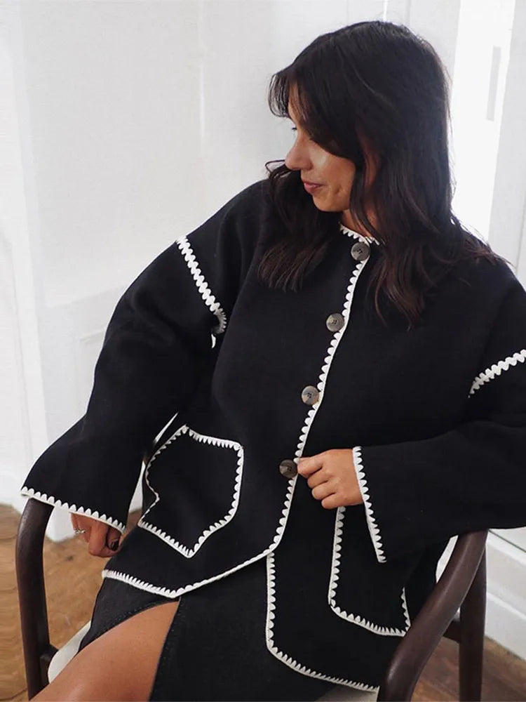 Contrast O Neck Loose Long Sleeves Winter Coat 2
