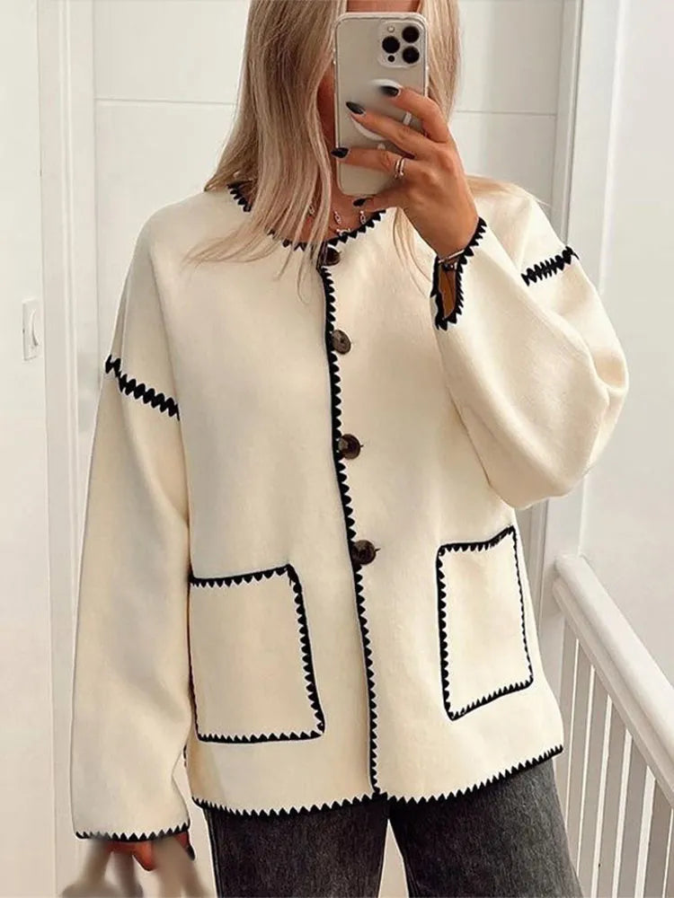 Contrast O Neck Loose Long Sleeves Winter Coat 5