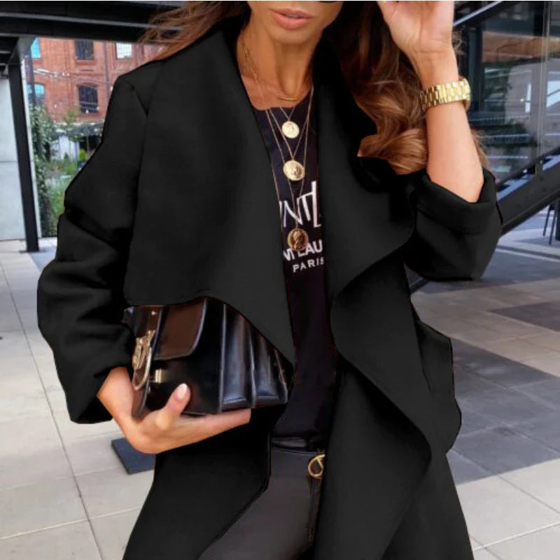 Solid Color Lapel Long-sleeved Tie Woolen Autumn Winter European American Coats - Fashionpara