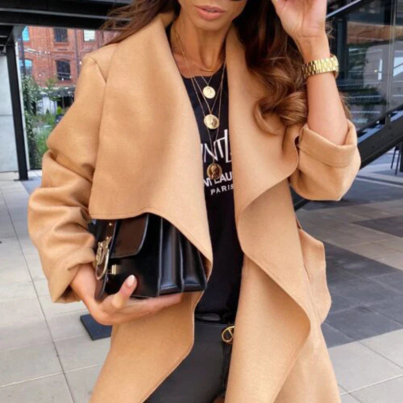 Solid Color Lapel Long-sleeved Tie Woolen Autumn Winter European American Coats - Fashionpara