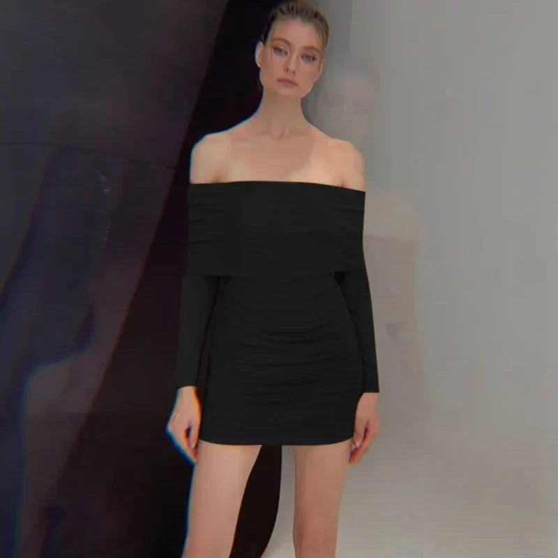 Autumn And Winter New Off Shoulder Knitted Slim Pleated Long Sexy Bodycon Dress Black / S