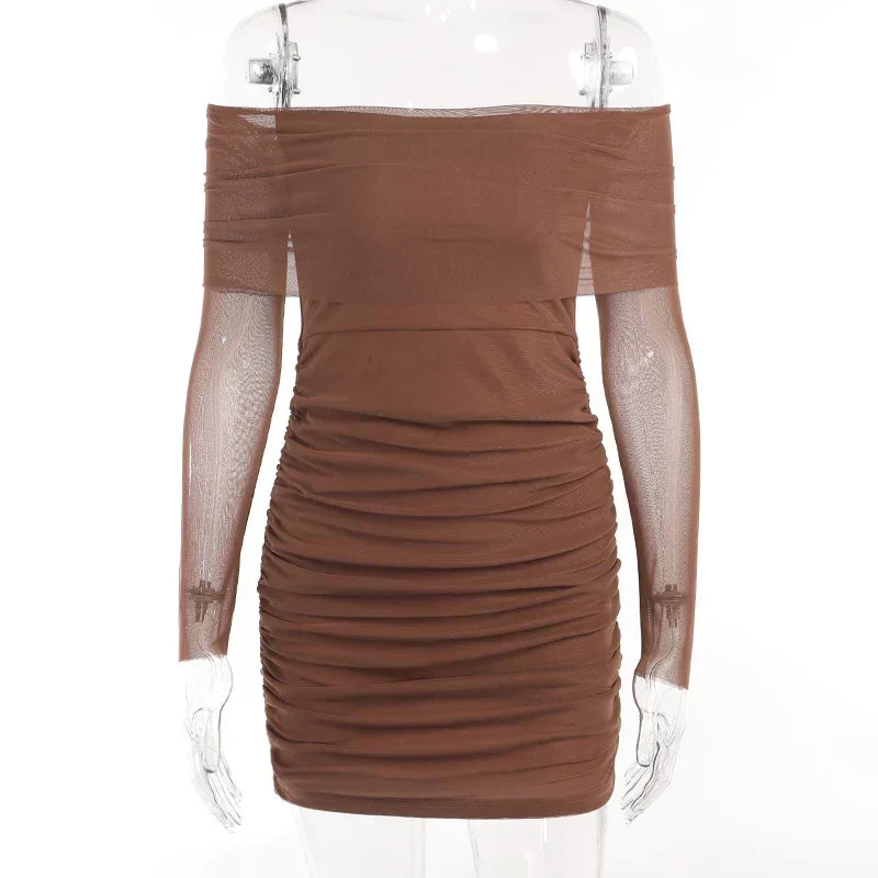 Autumn And Winter New Off Shoulder Knitted Slim Pleated Long Sexy Bodycon Dress Dark Brown / S