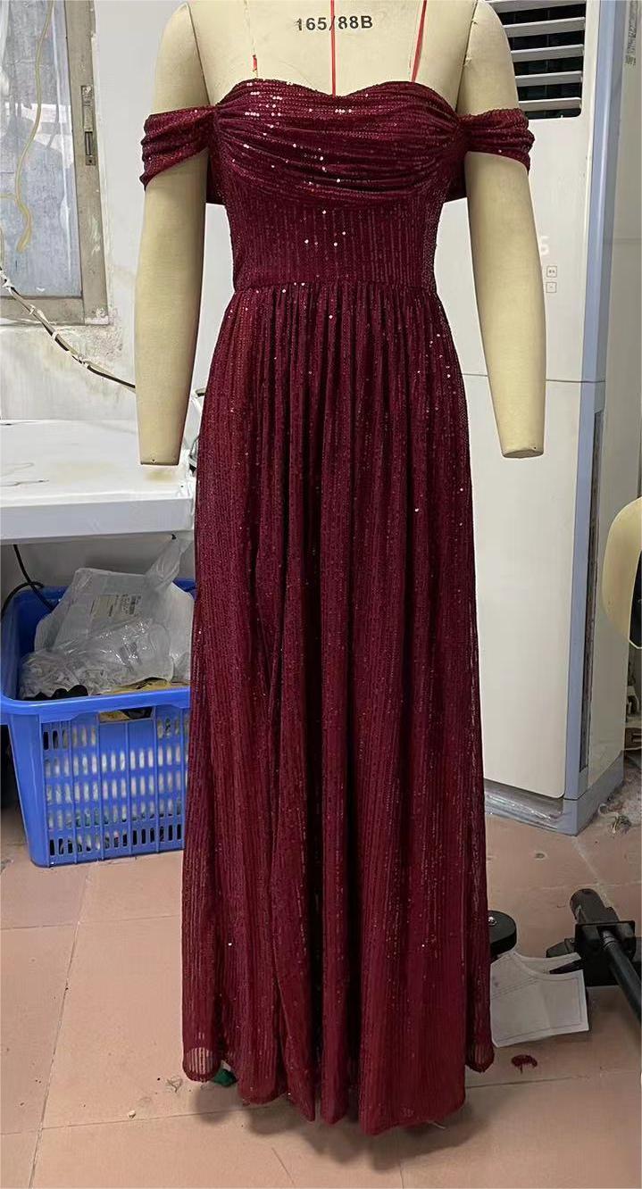 Sequin Off Shoulder Sweetheart Ruched Bodice High Split Maxi Gown - View 4