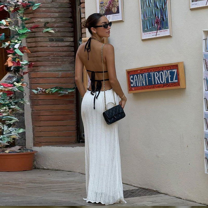 Color Contrast V Neck Halter Lace Up Backless Knitted Dress - View 3