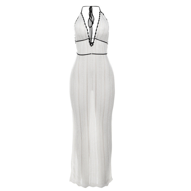 Color Contrast V Neck Halter Lace Up Backless Knitted Dress - View 5