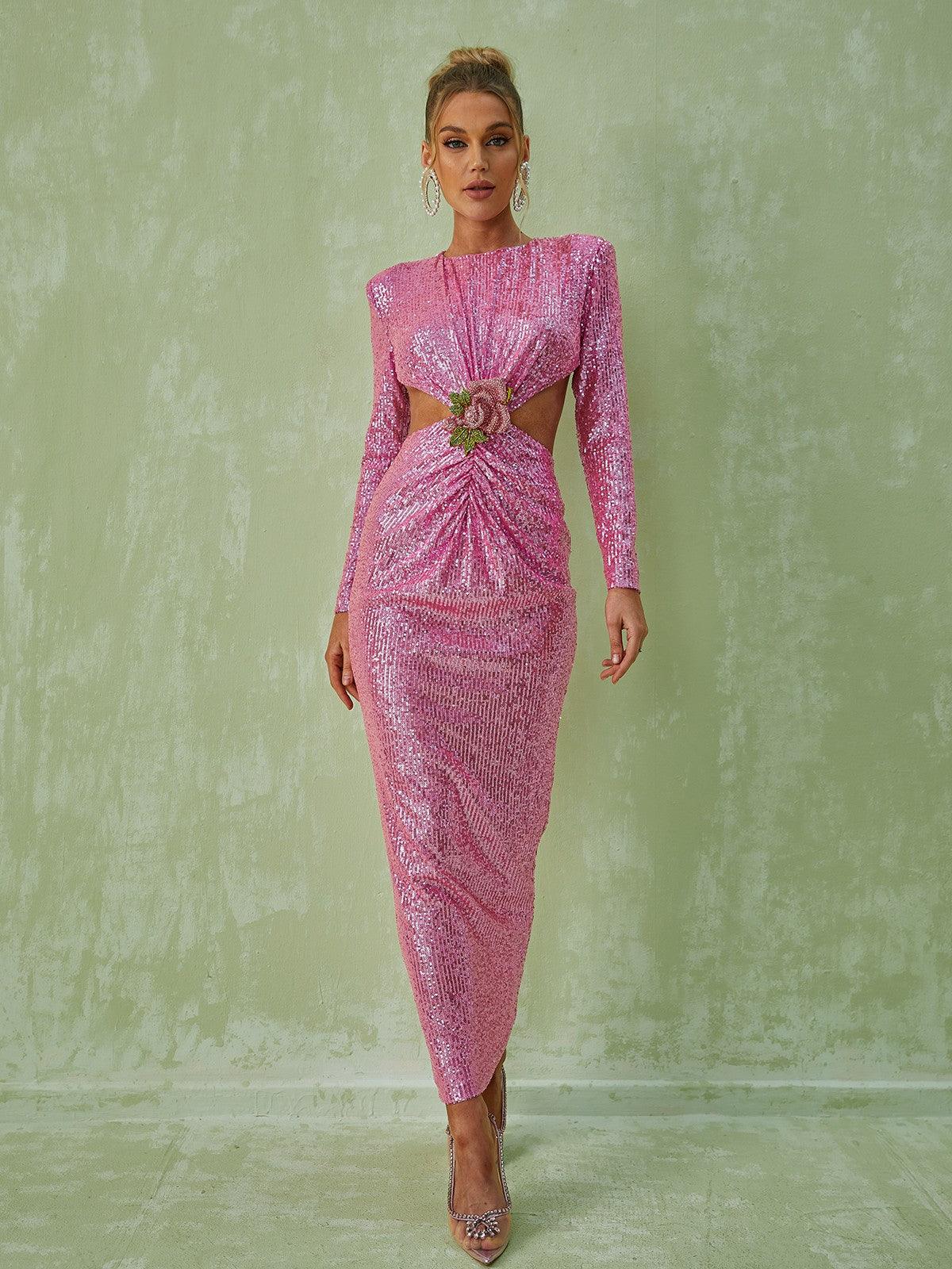 Sequin Long Sleeve Rosette Cut Out Bodycon Maxi Gown