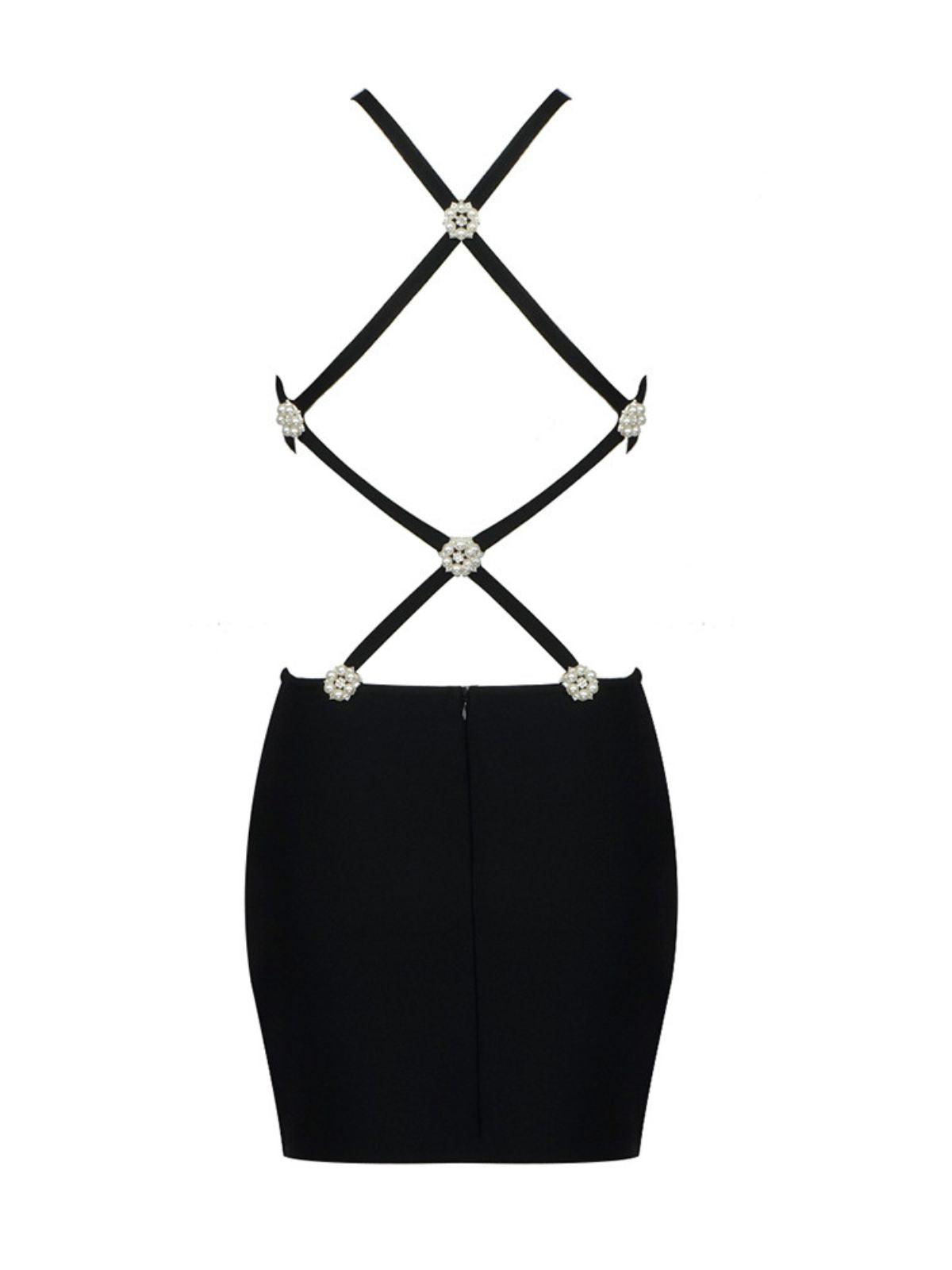 Bandage Pearl Flower Accent Criss Cross Strap Backless Mini Dress - View 8