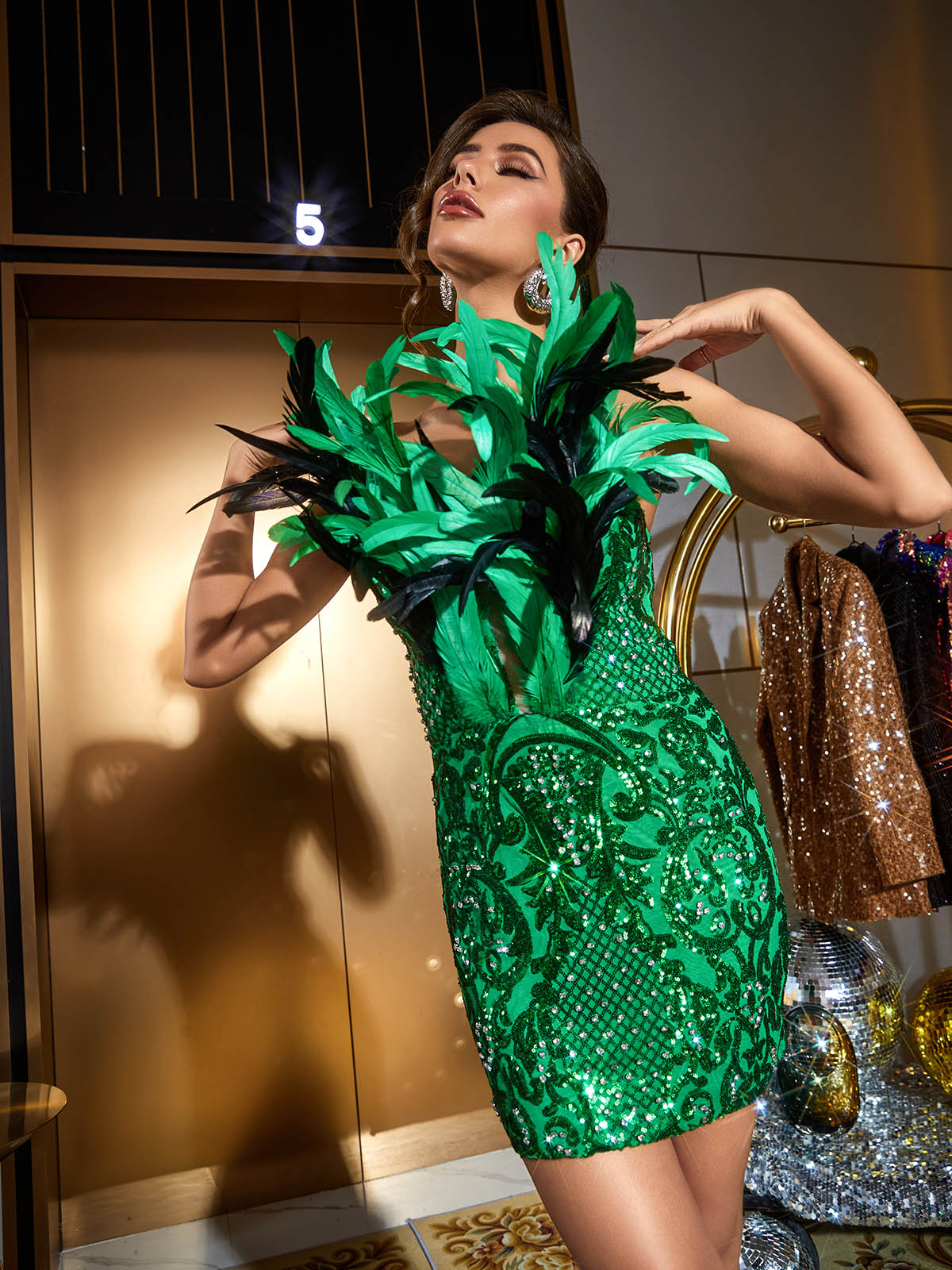 Sequin Feather Trim Strapless Bodycon Mini Dress 4