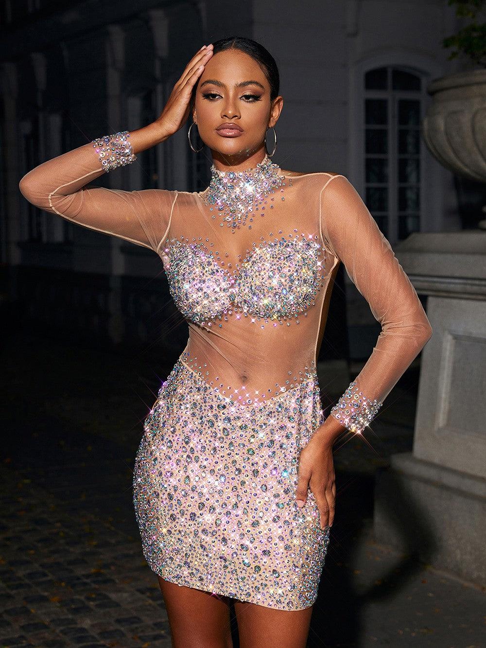 Azami Mesh Crystal Mini Dress In Silver - View 3