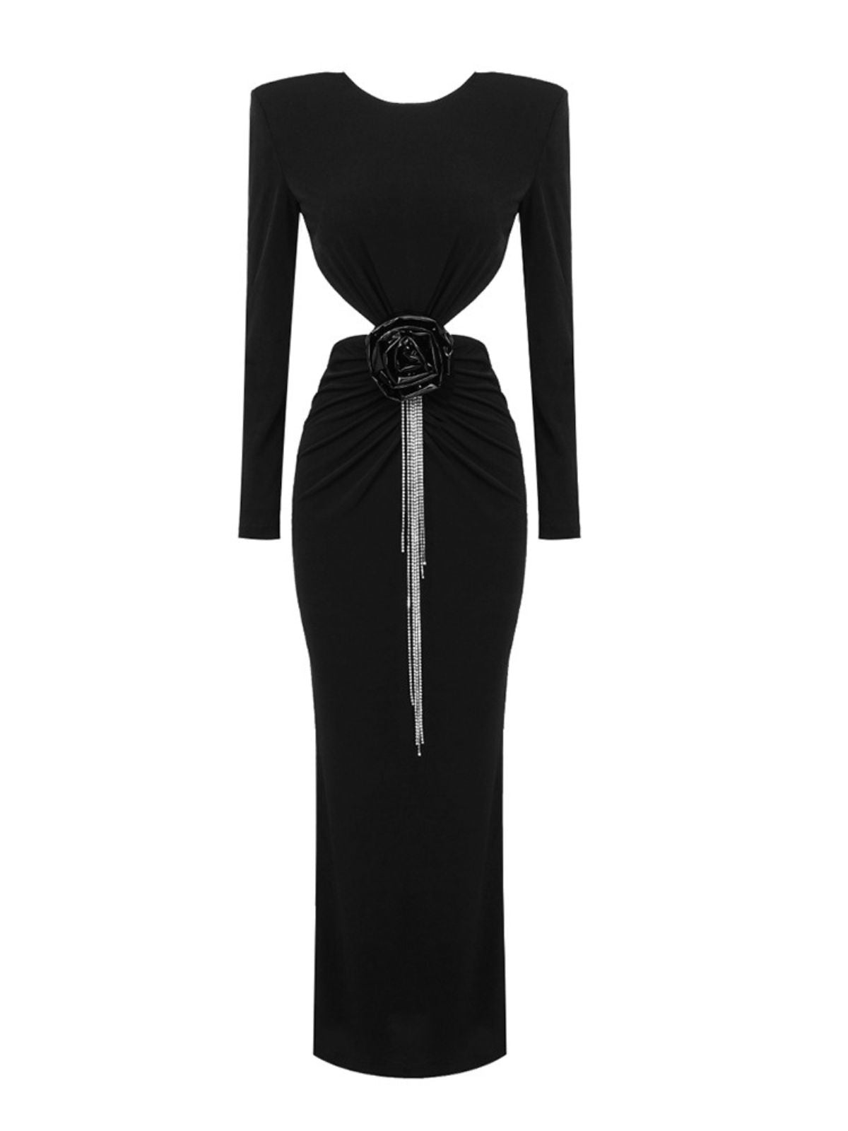 Rosette Fringe Long-Sleeve Cutout Bodycon Maxi Dress 6