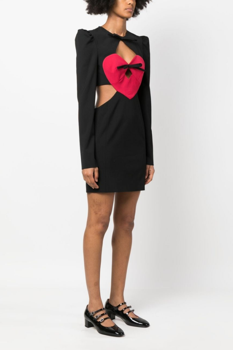 Bow Neck Heart Patch Waist Cut Out Long Sleeve Puff Mini Dress