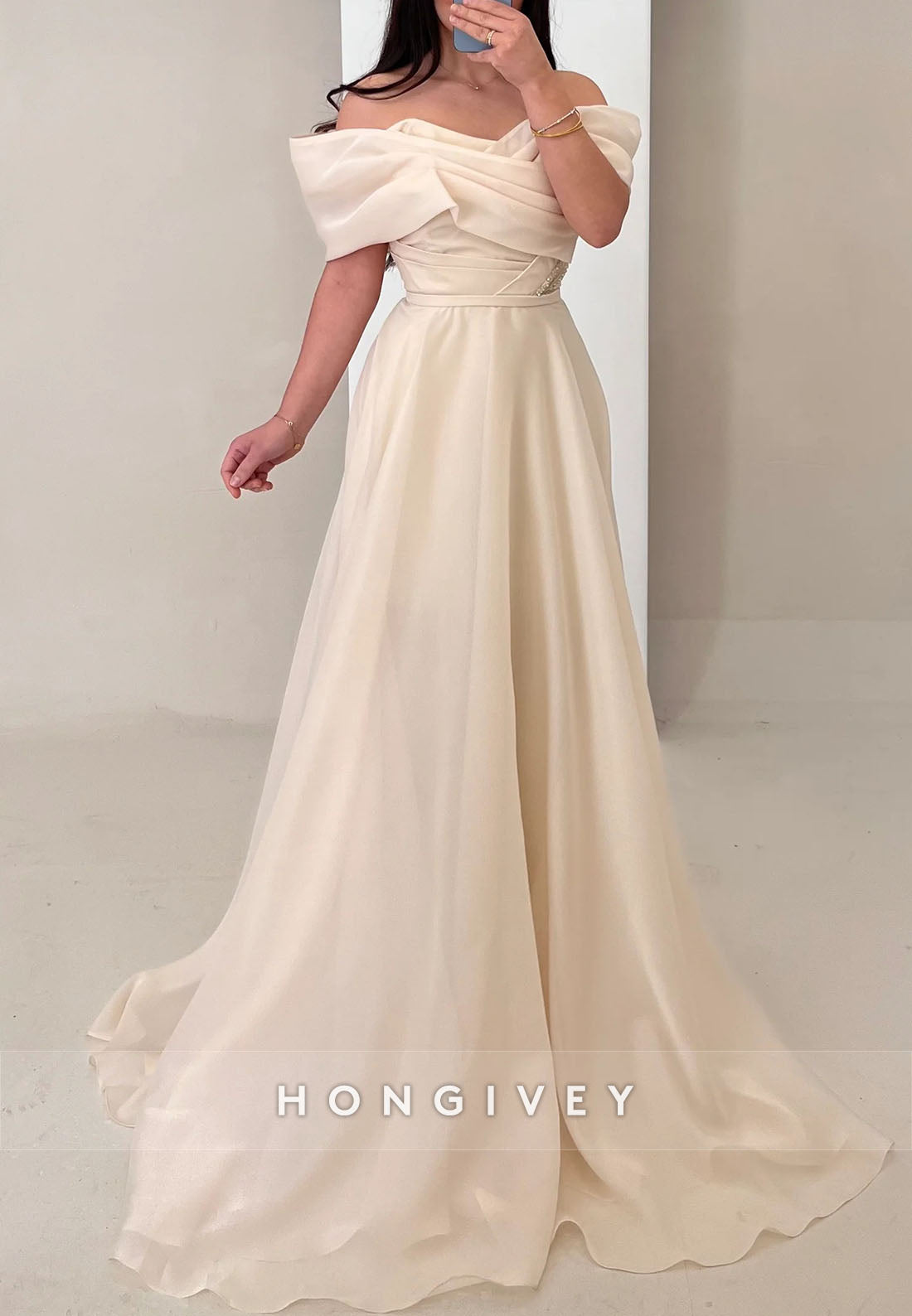 A-line Sweep Train Evening Gown Off the Shoulder Pleated Formal Dresses