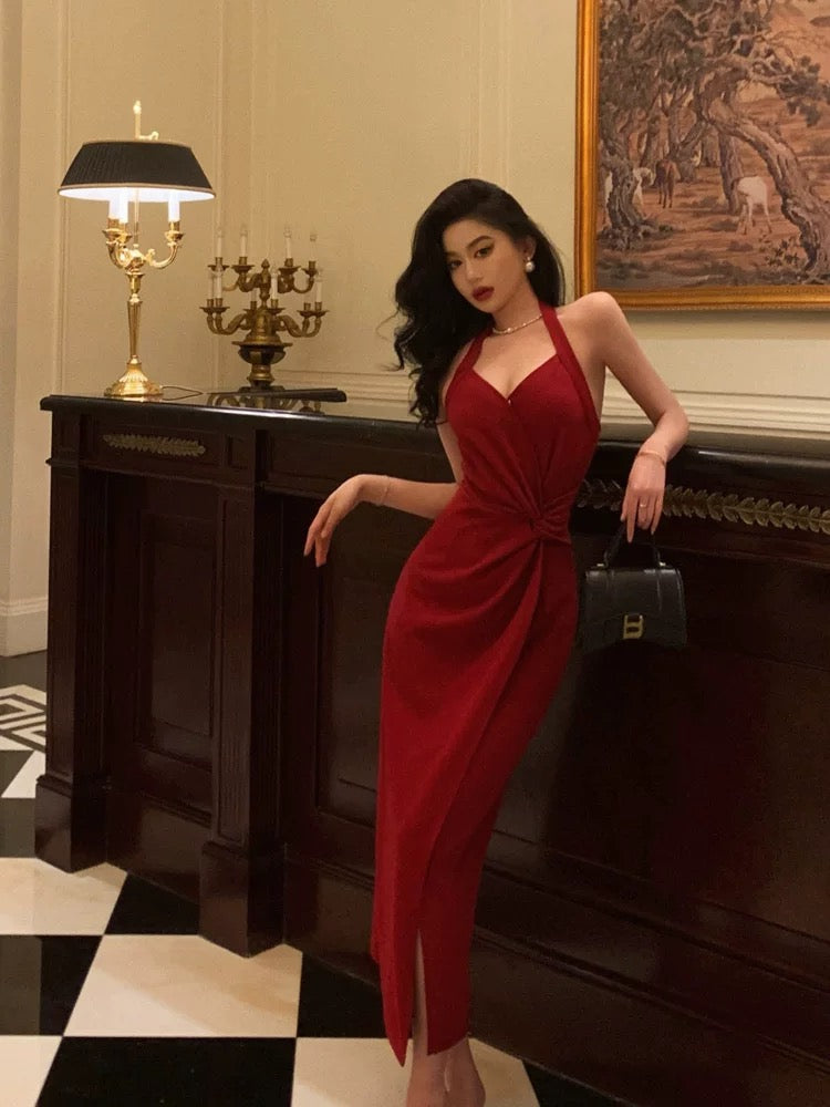 Classy Sheath Halter Red Slit Velvet Prom Dresses Birthday Outfits SD771