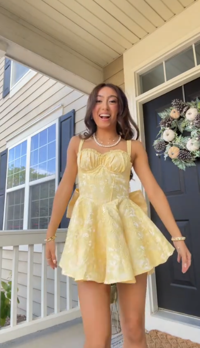 Cute Yellow Satin Print Floral A Line Short Party Dress Formal Homecoming Dress With Bow D116