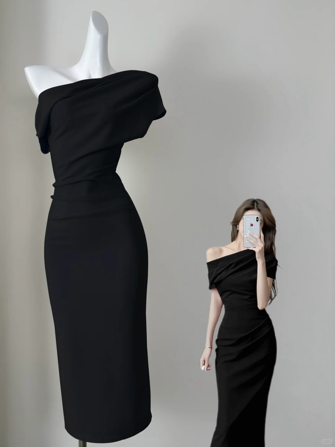 Sexy Black One Shoulder Satin Sheath Party Dress Cocktail Dress S323