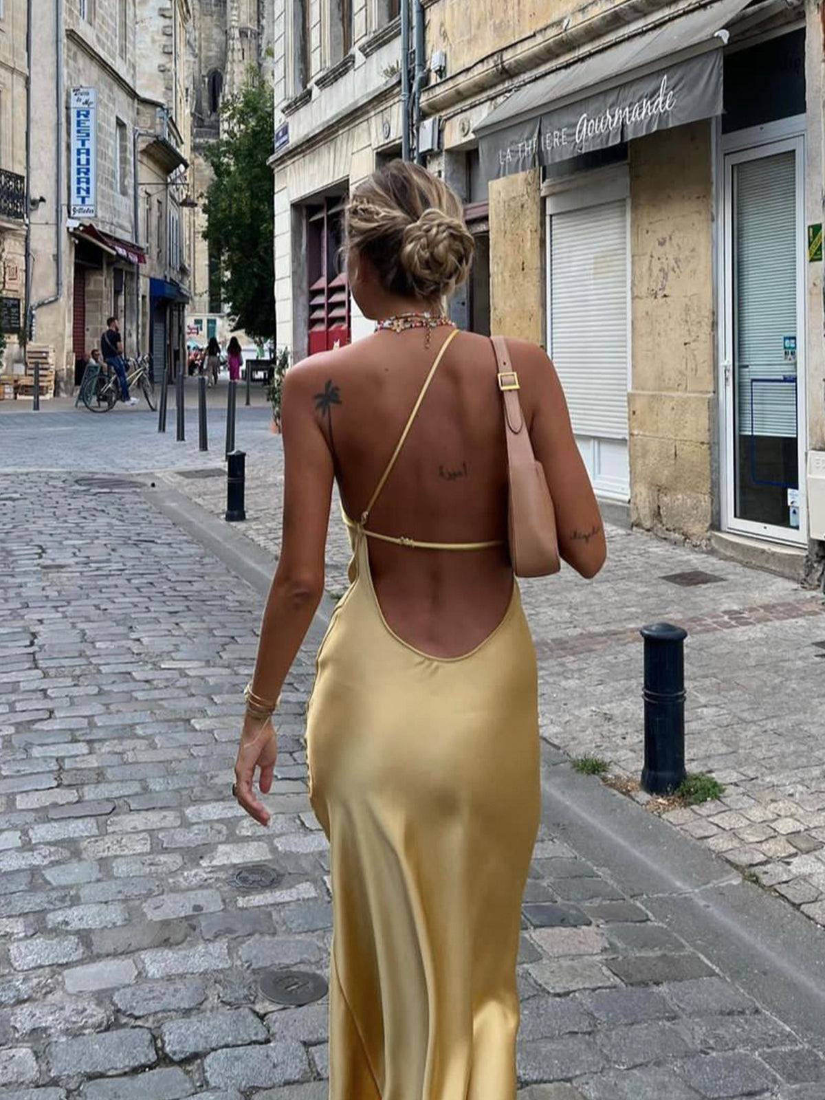 Satin Spaghetti Strap Cross Back Open Back Slip Maxi Dress