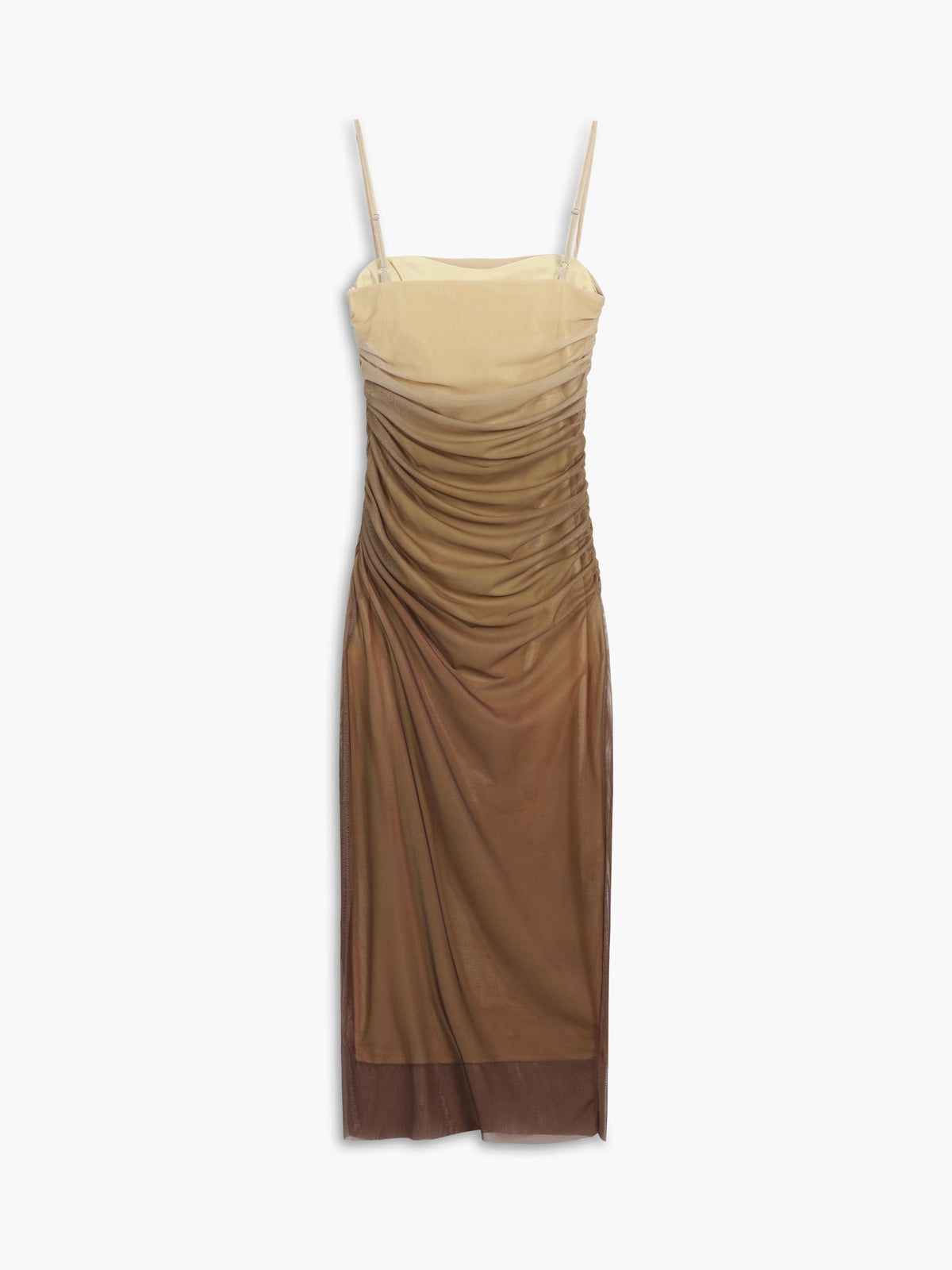 Mesh Square Neck Spaghetti Strap Ruched Zip Front Bodycon Midi Dress