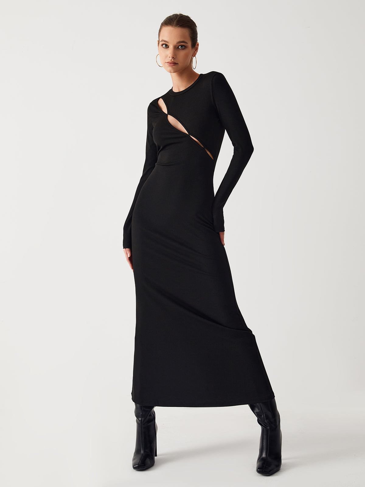 High Neck Long Sleeve Cutout Bodycon Maxi Dress 2