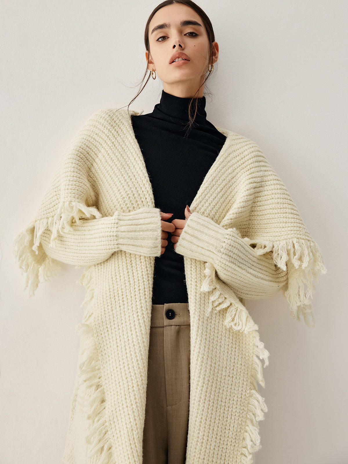 Chunky Knit Tassel Hem Poncho Cardigan