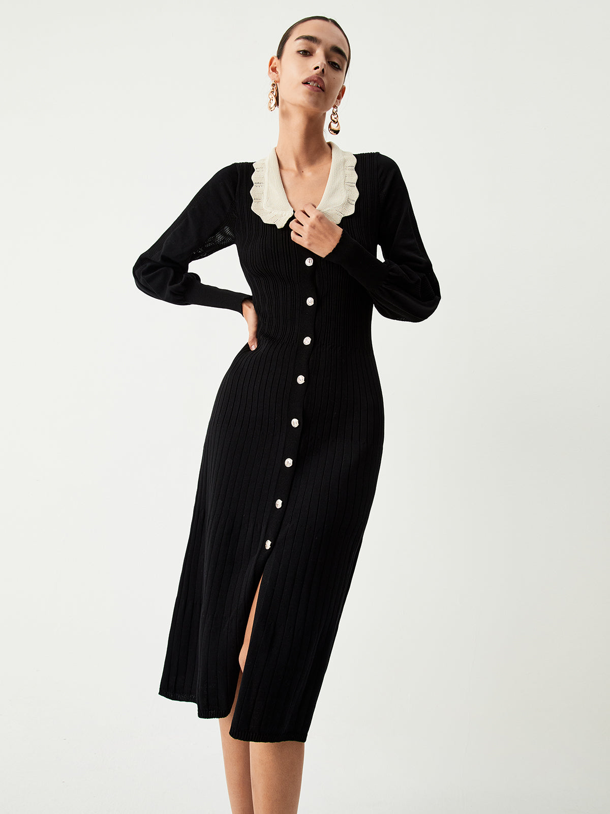 Contrast Eyelet Collar Long Modern Sleeve Midi Sweater