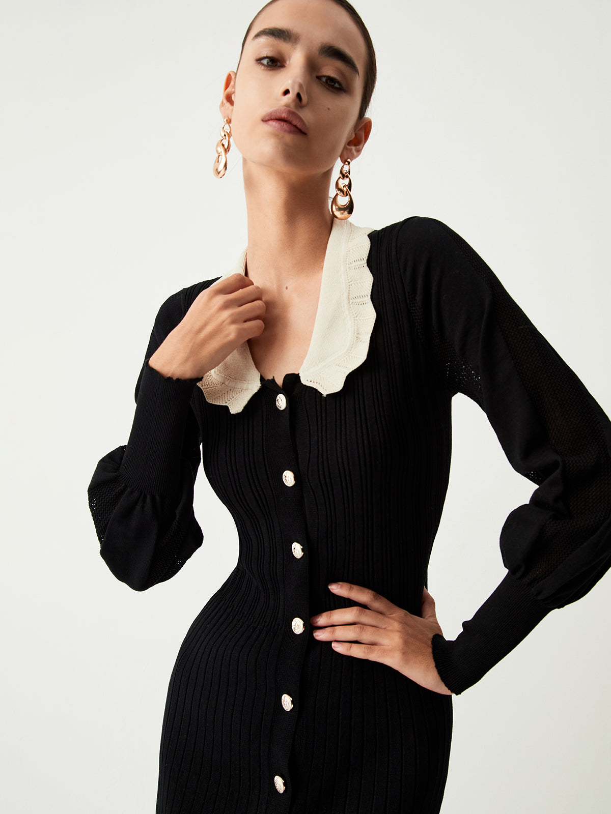 Contrast Eyelet Collar Long Modern Sleeve Midi Sweater 2