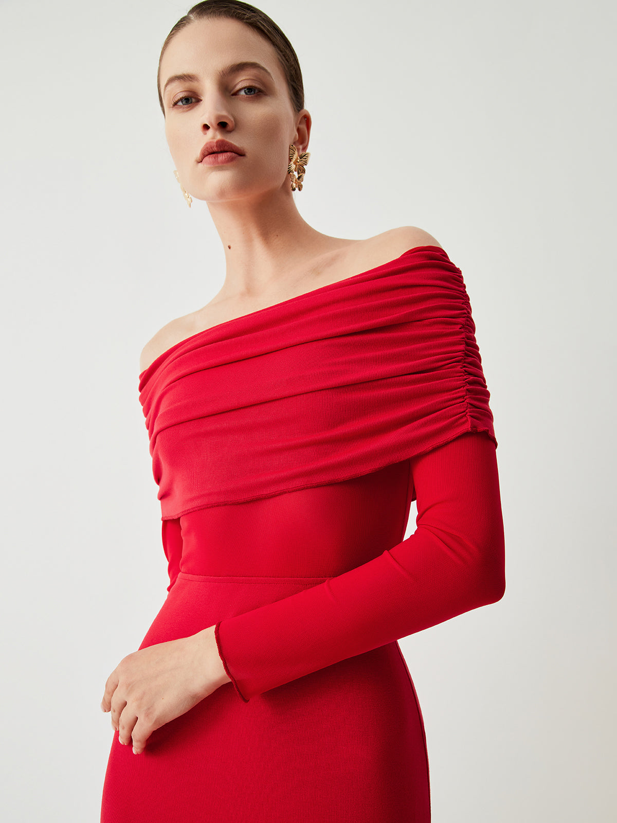 Abriella Off Shoulder Overfold Mesh Maxi Dress - View 6